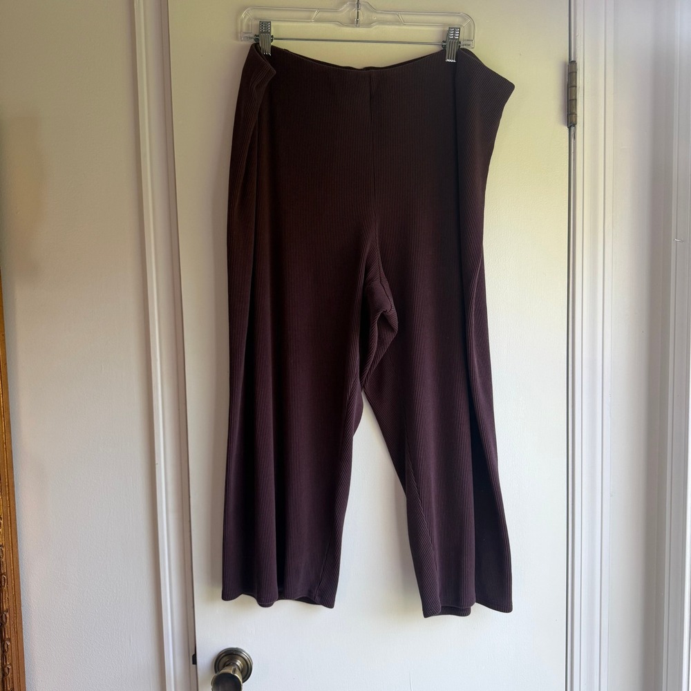 Eileen Fisher Ribbed Knit Wide Leg Cropped Pants Dark Plum 1X Refibra Tencel
